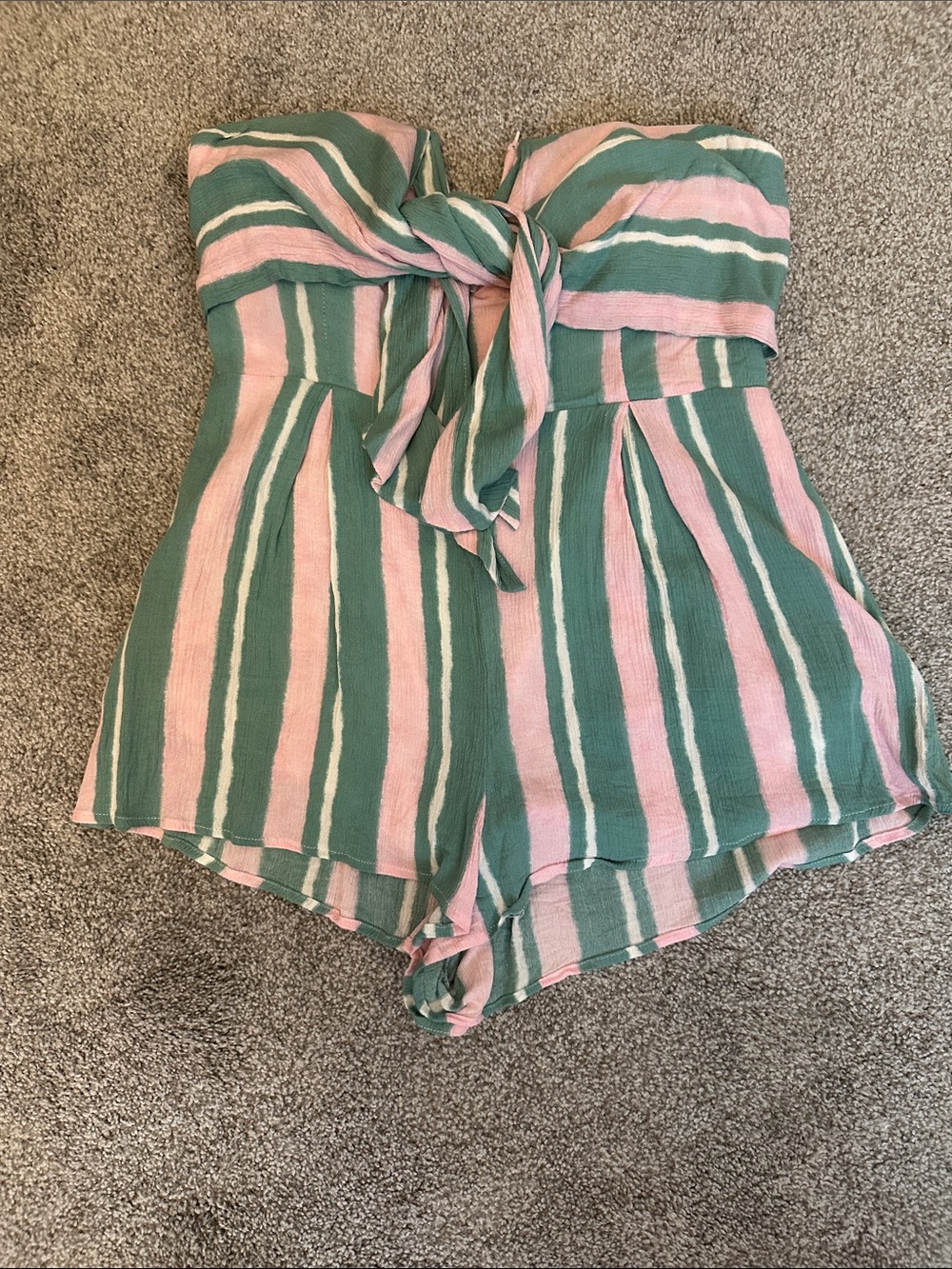 Striped Pink & Green Strapless Tie-Front Romper